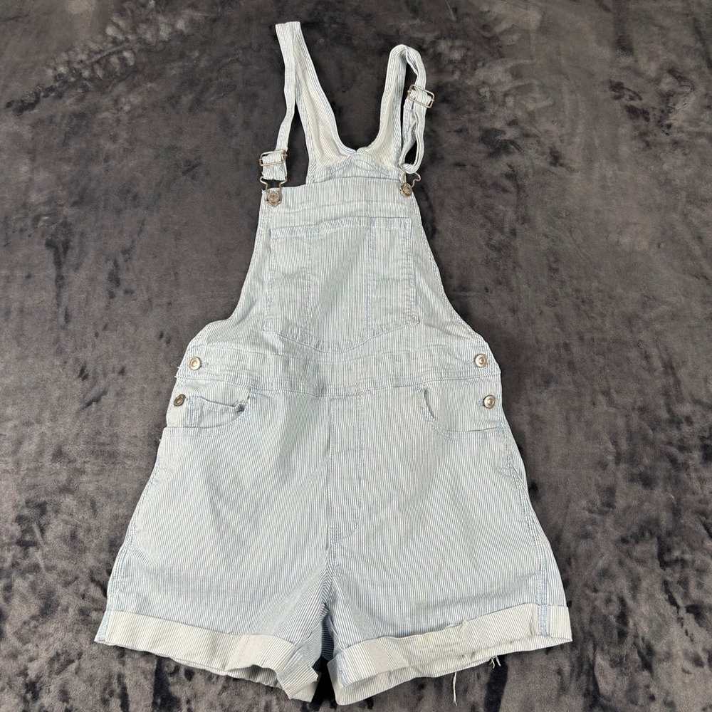 American Eagle Overalls Women Medium Blue White Seersucker Striped Shortalls